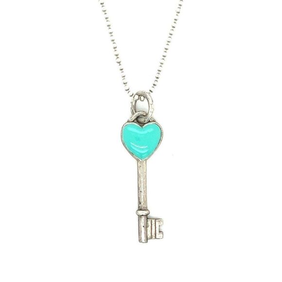 T&Co. 925 Heart Key Teal Pendant With Beaded Chain - Picture 1 of 5